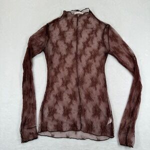 Sweet Generis Womens Brown Sheer Floral Lace Mock Neck Long Sleeve Top Large
